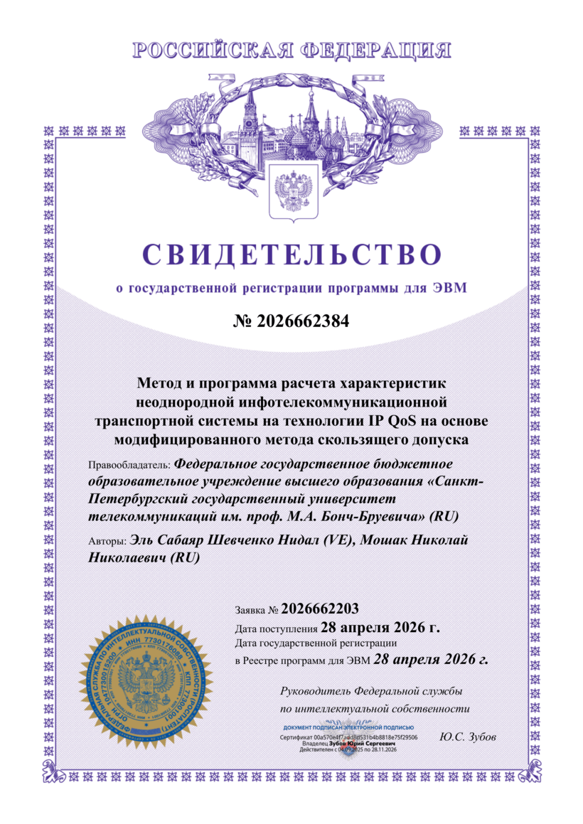 Метод и программа расчета характеристик неоднородной инфотелекоммуникационной транспортной системы на технологии IP QoS на основе модифицированного метода скользящего допуск